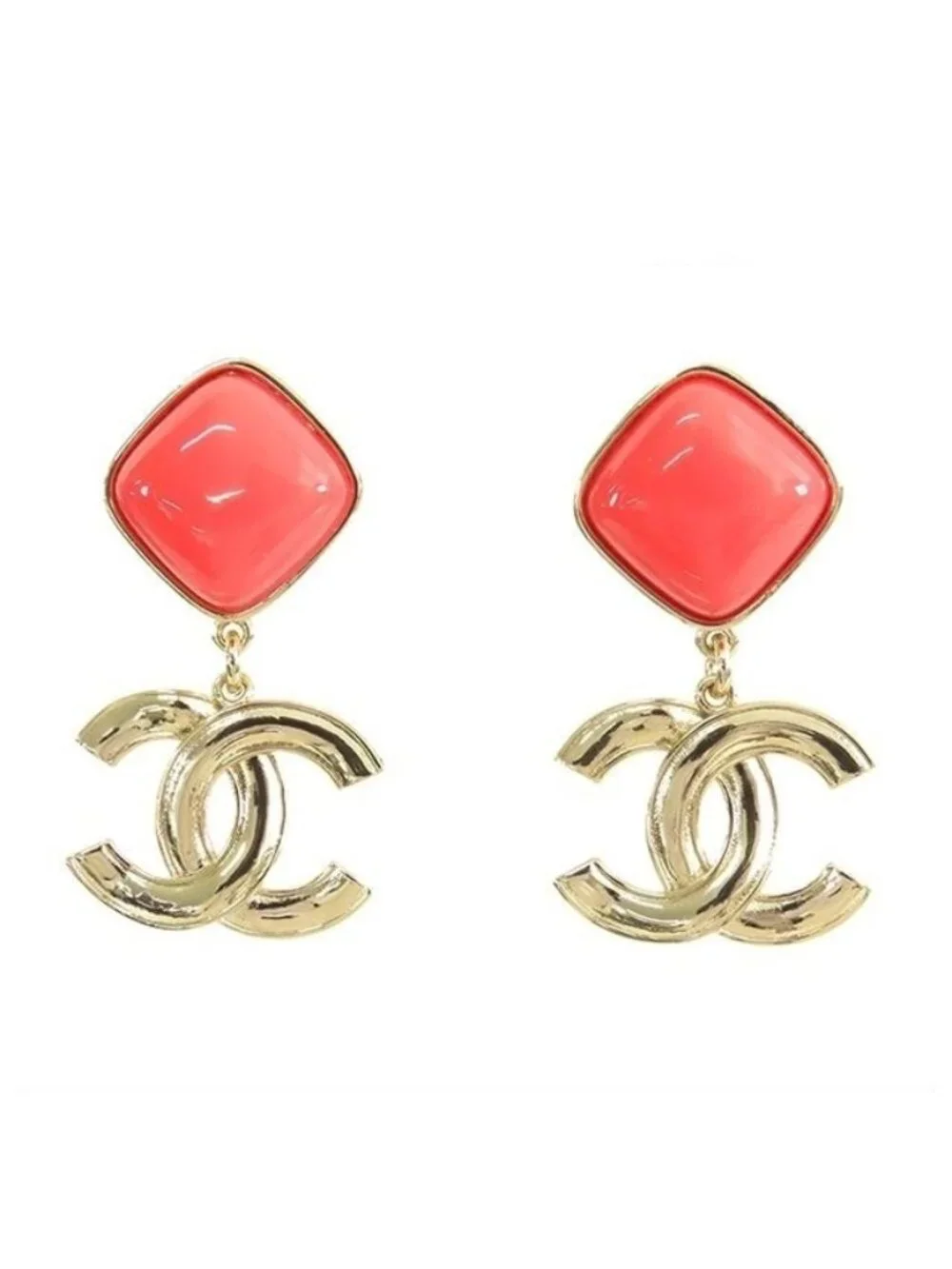Chanel Earrings Gold Red Metal CC Logo